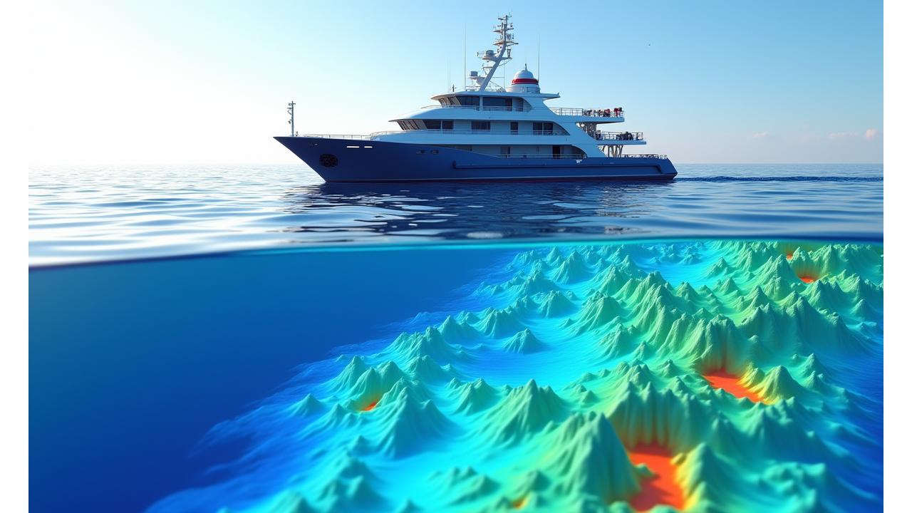 精密に描かれた3D海底地形モデルとマルチビームソナー装置を搭載した調査船