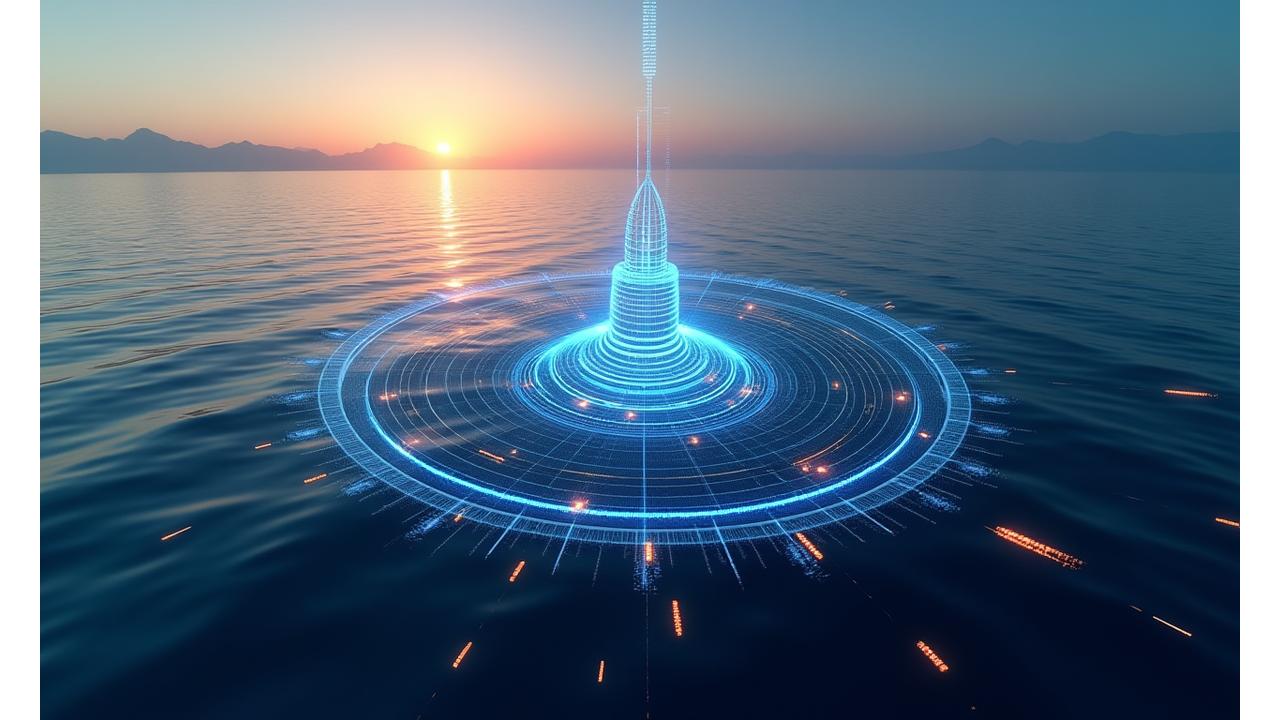 透明感のある日本の海洋と最新のデジタルコンパスをモチーフにした未来的なインターフェースが融合するイメージ。精密なデータが流れる様子を表現。