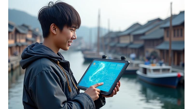 若い漁師研修生がタブレット端末でインタラクティブな海洋マップと漁業データを見ながら学んでいる様子。背景には日本の漁村がある