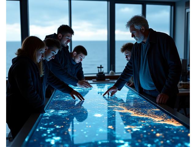 大学の研究者と漁業関係者が、海洋観測機器とデジタル海図を囲んで議論している様子。ラボ環境と現場の融合