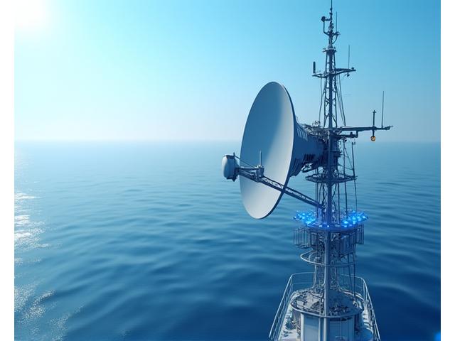 穏やかな海上の漁船にある衛星アンテナ