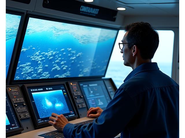 最新の漁船の操舵室で、精密海図と魚群探知機が連動して表示されている画面。