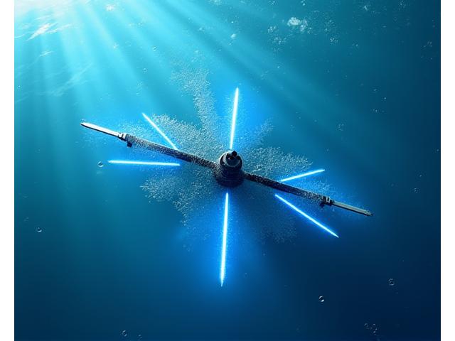 最先端のマルチビーム音響測深システムの水中部分。複数の音波を発している様子。