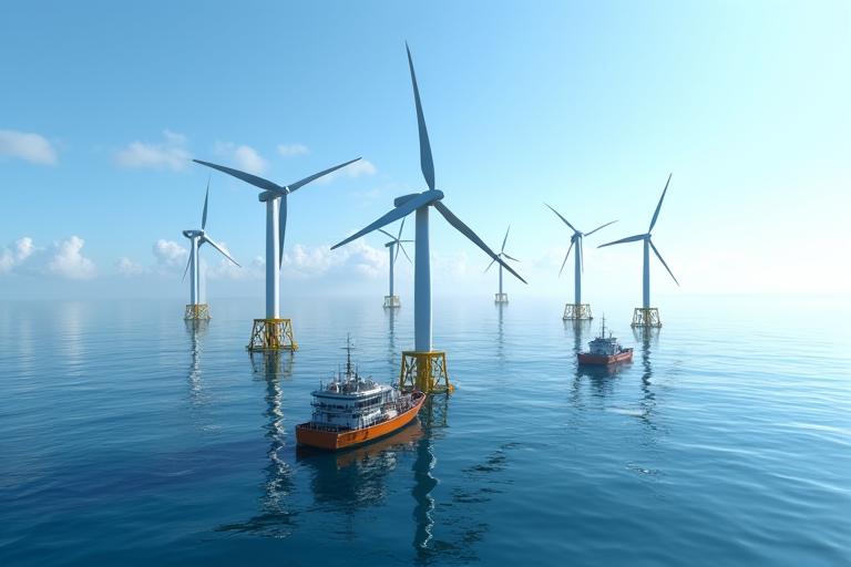 洋上風力発電所の建設現場。巨大なタービンが建設され、その周囲には調査船が作業している。